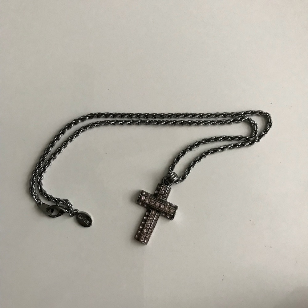 Express Silver Pink Rhinestone Cross Necklace 90s Y2K Vintage